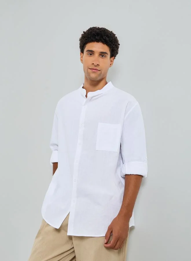 Take Two Men White Mandarin Collar Linen Shirt